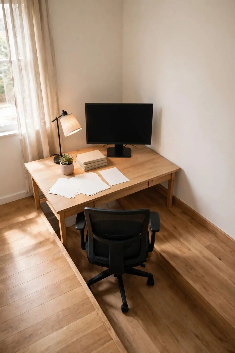 22 Home Office Room Layouts That Make the Most of Every Inch 20 A desk placed diagonally across the corner of a home office, leaving open floor space around it.