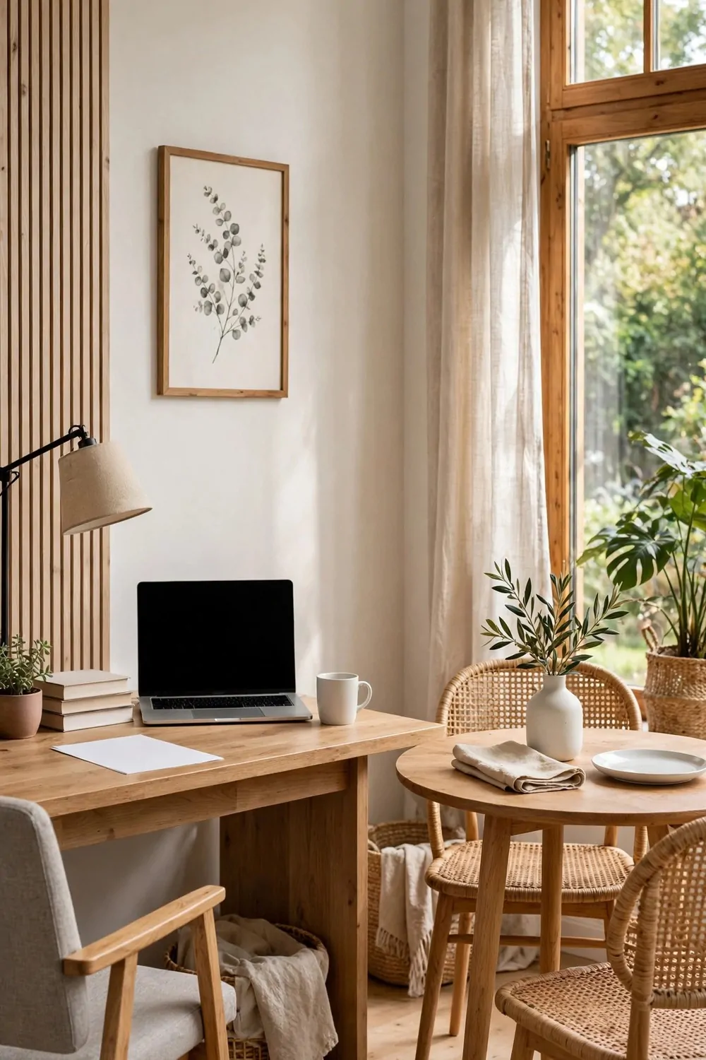 22 Home Office Room Layouts That Make the Most of Every Inch 21 A home office split into two zones, a work desk on one side and a small round table with two chairs on the other.