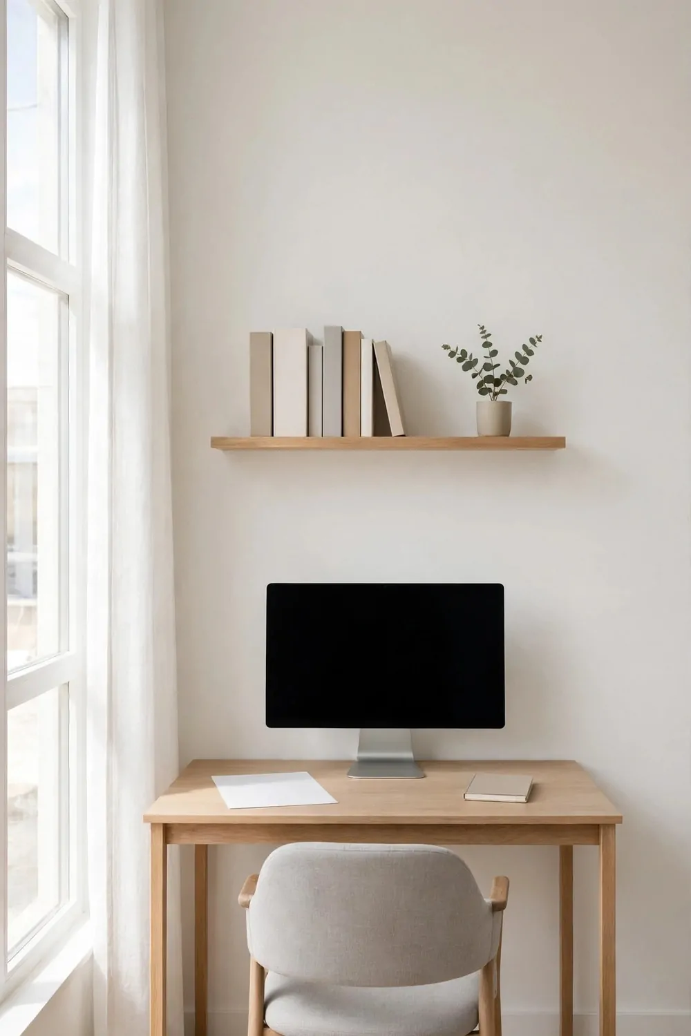 22 Home Office Room Layouts That Make the Most of Every Inch 22 A minimal home office with just a desk, a chair, and one wall shelf, in a bright empty room.
