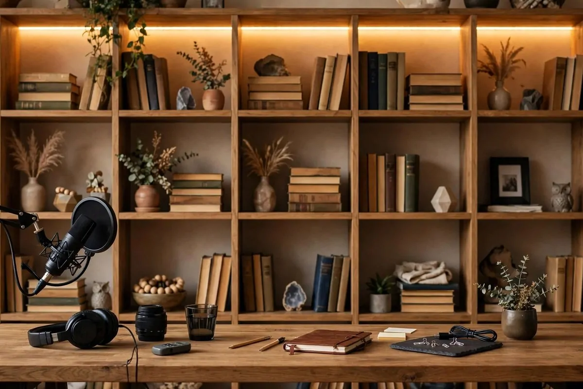 A cube bookshelf with warm LED strip glow behind a filming desk