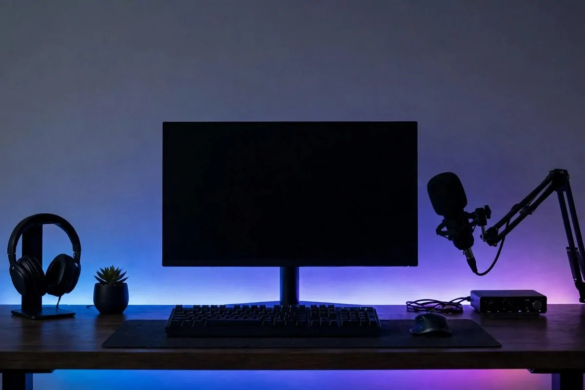 A desk with a colorful LED strip glowing behind it, washing the wall in soft color