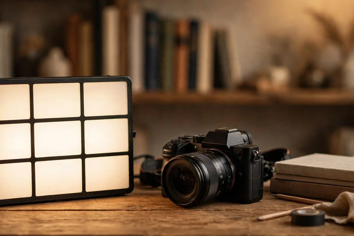 A small glowing cinema lightbox on a wooden desk beside a camera
