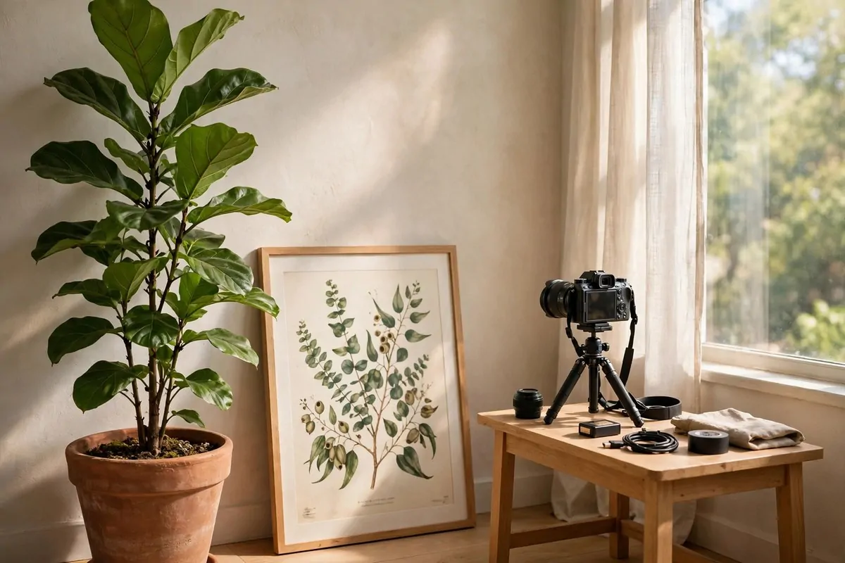 A tall houseplant beside a framed art print next to a small filming desk