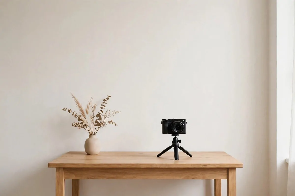 A minimal filming corner with a plain warm white wall and tidy desk