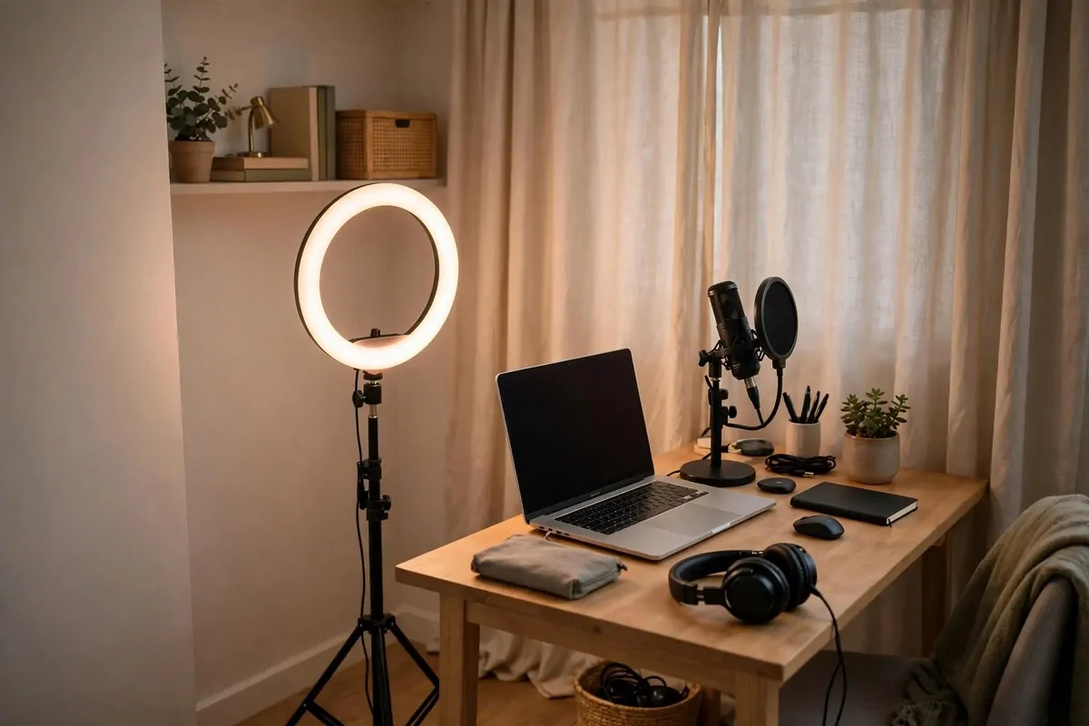 A glowing ring light on a stand in a small bedroom corner studio