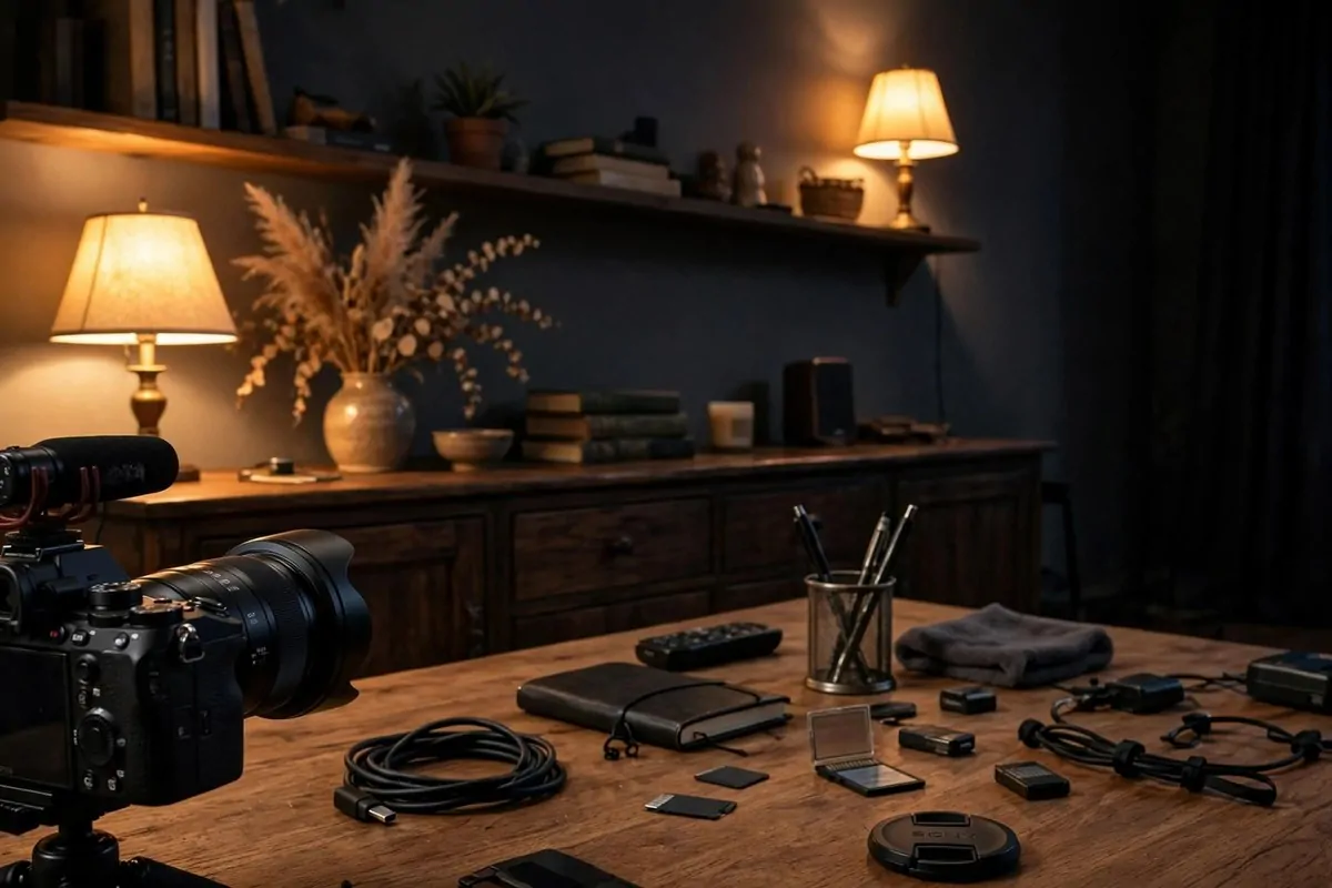 Warm table lamps glowing at different depths behind a filming desk