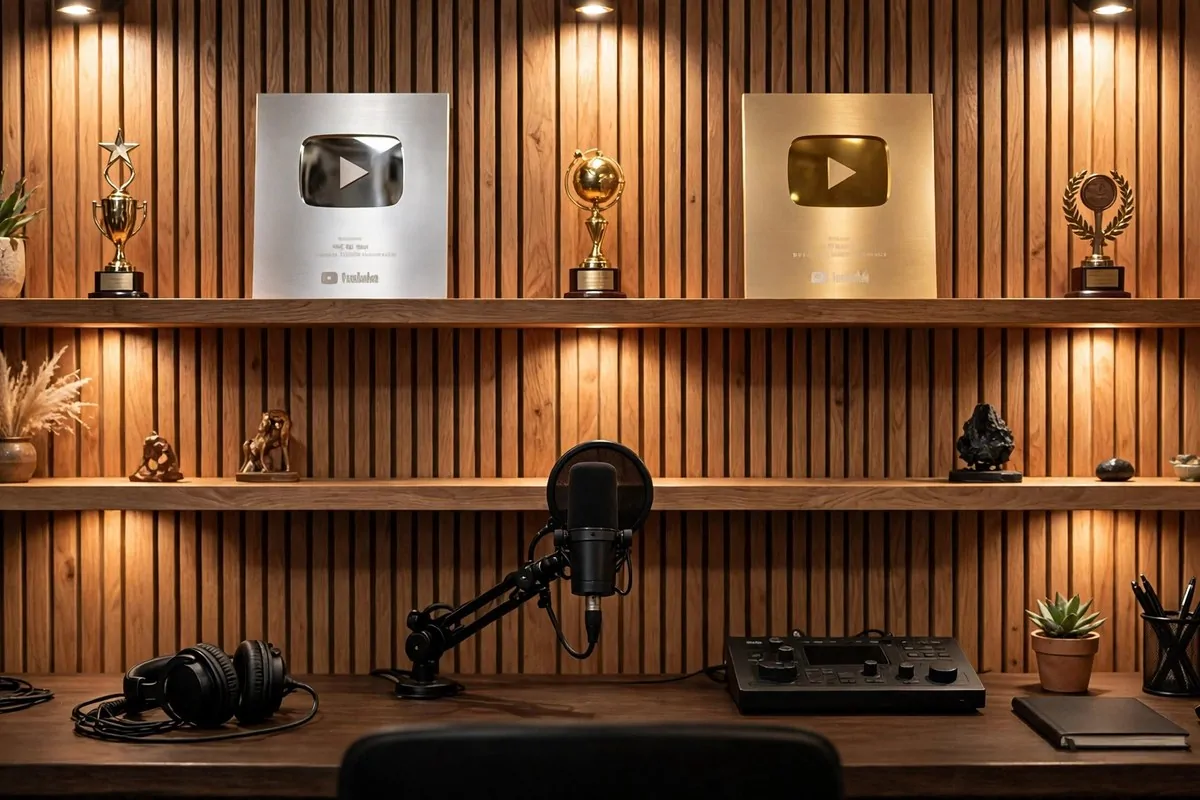Floating shelves with shiny award plaques and trophies behind a desk