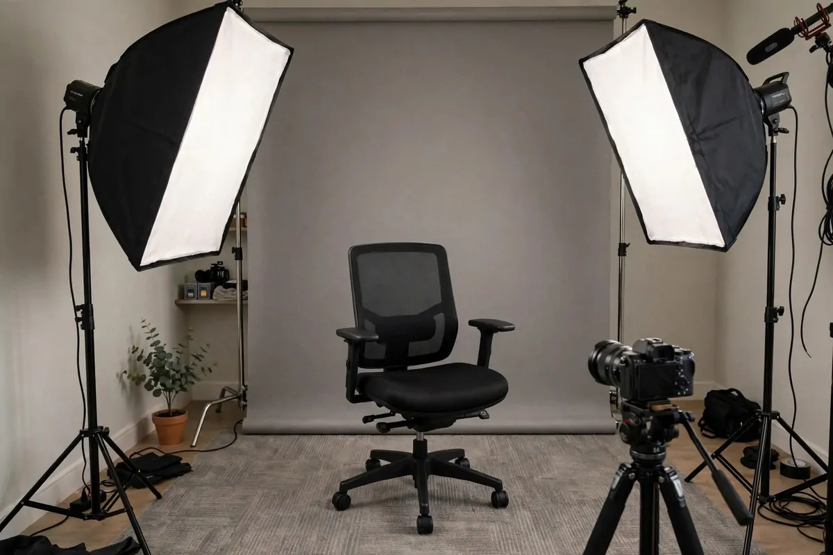 Two softbox lights angled at a desk chair with a camera on tripod
