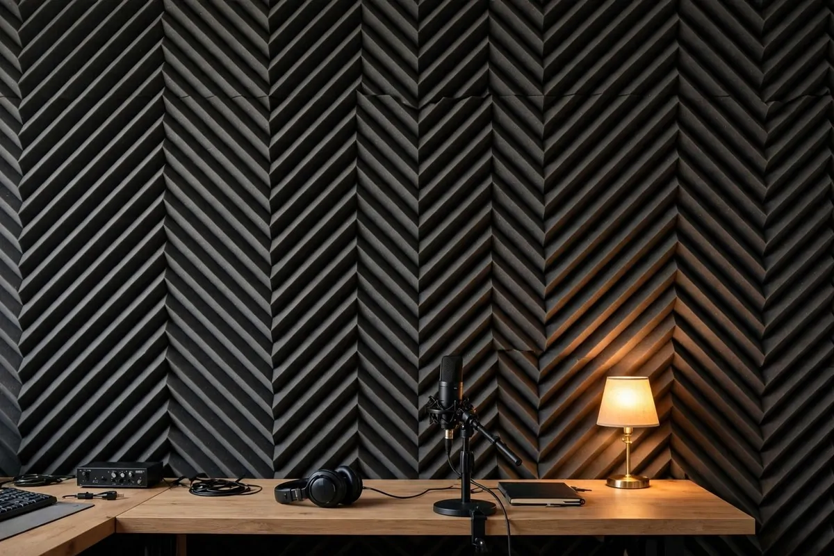 A wall of dark gray acoustic foam panels in a geometric pattern behind a desk