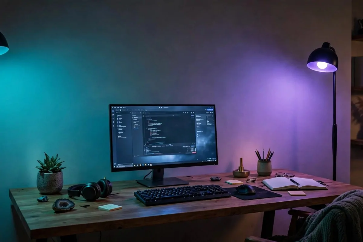 A desk with the back wall washed in teal and violet light from smart bulbs