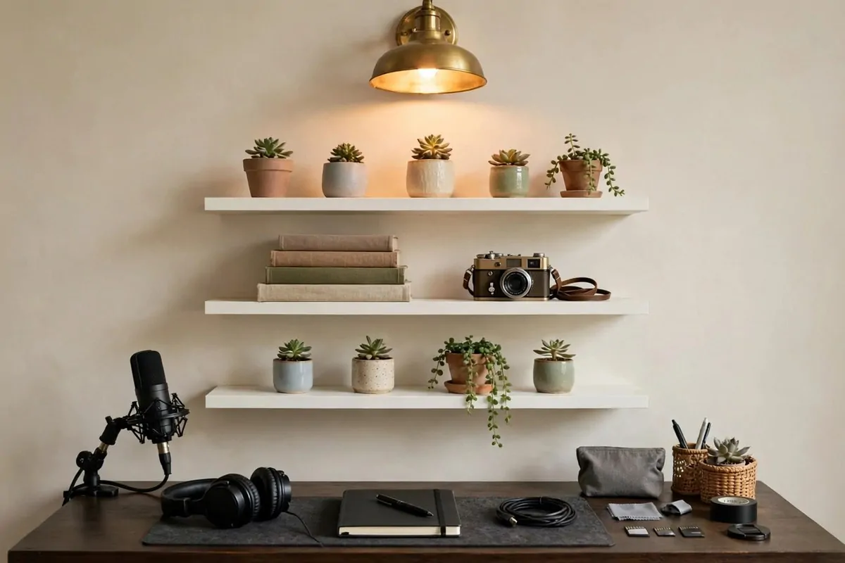 White floating shelves with succulents, books and a tiny camera behind a desk