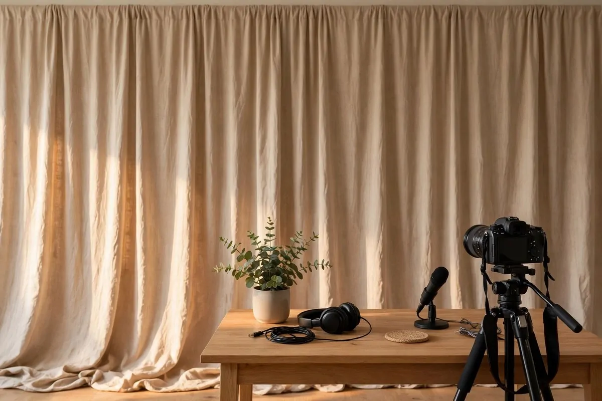A floor to ceiling beige linen curtain behind a wooden filming desk