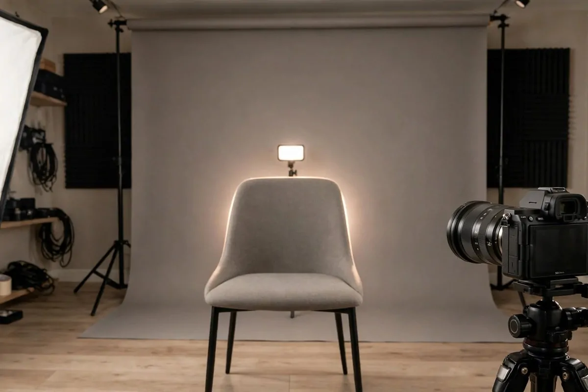 A chair with camera and three lights arranged around it in a home studio