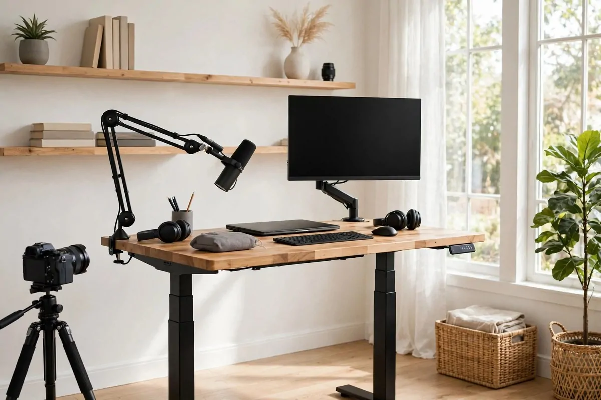 A height adjustable standing desk with monitor arm and microphone in a bright studio