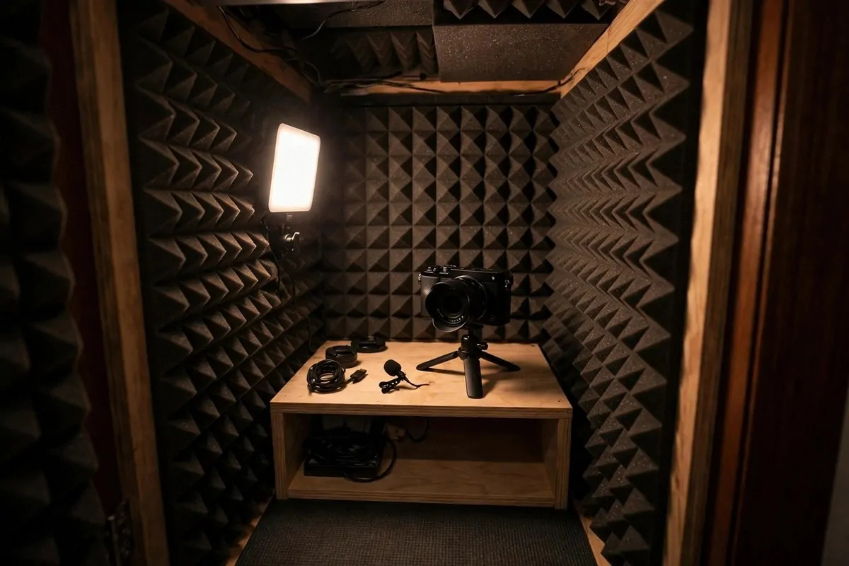 A small closet converted into a mini filming studio with foam panels and LED light