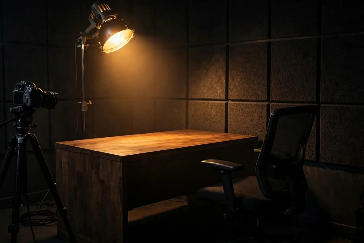A moody studio with charcoal walls and a single warm key light over a desk
