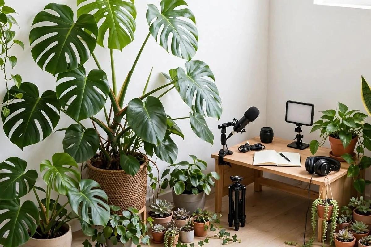 A bright corner full of houseplants of different heights around a filming desk