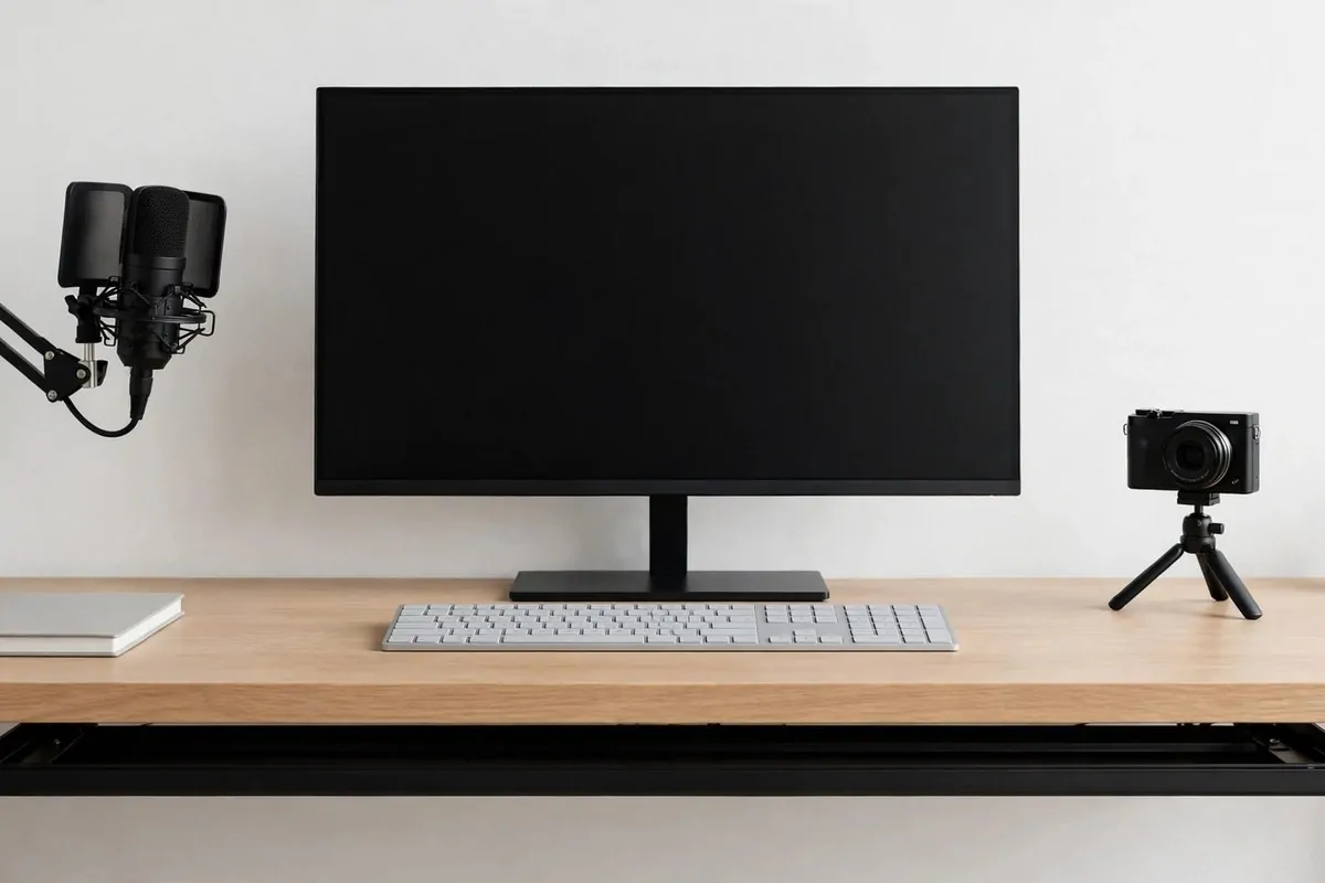 An extremely tidy desk with no visible cables and a cable tray underneath