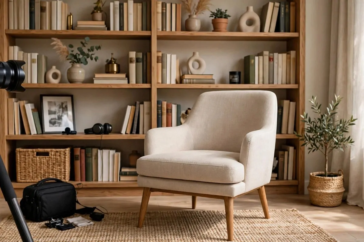 A dedicated filming corner with camera on tripod aimed at a chair in front of a bookshelf wall
