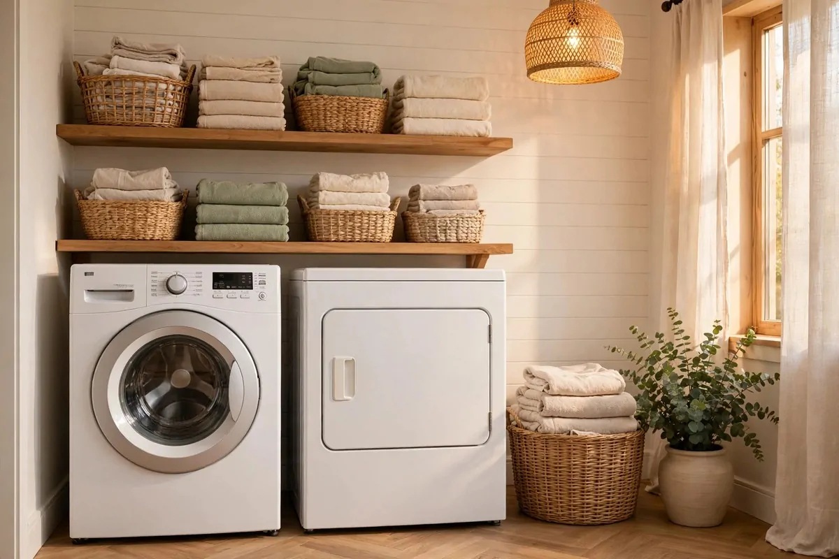 A bright tidy laundry room with a white washer and dryer, wooden shelves, folded towels and woven baskets, warm light