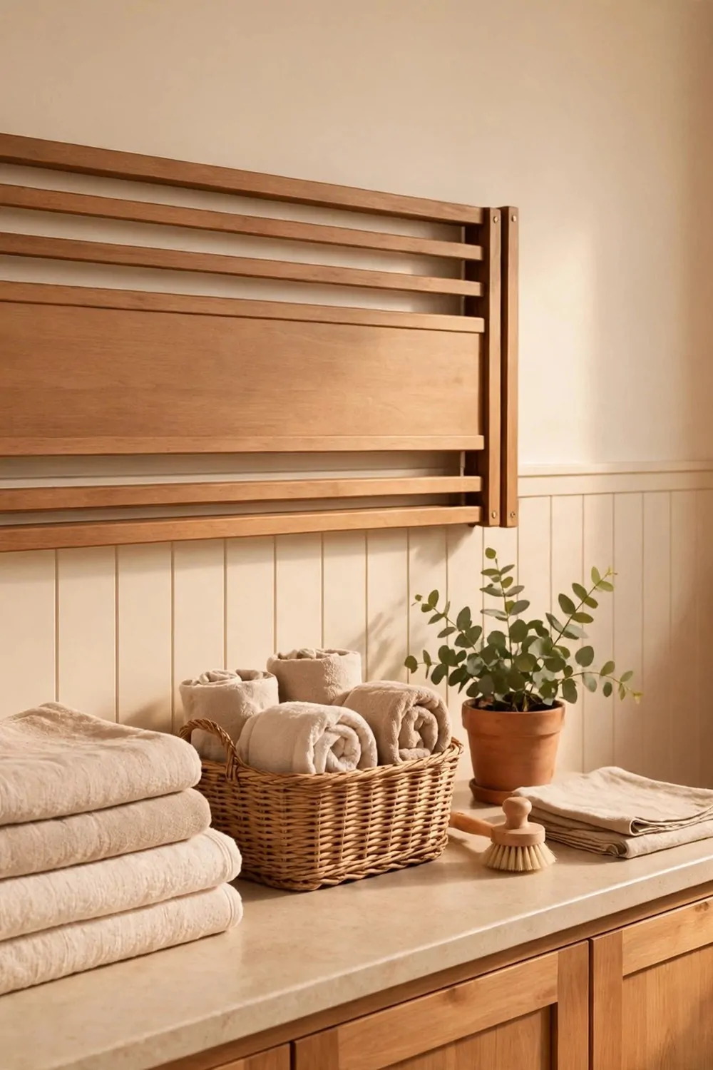 A wooden drying rack folded flat against a laundry room wall, warm light, tidy and calm