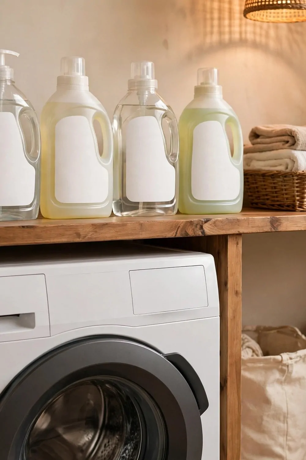 Detergent bottles with blank labels on a wooden shelf above a washer, warm light, tidy laundry room