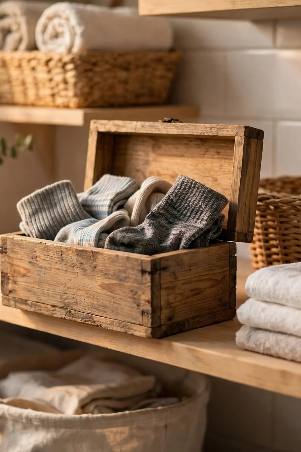 A small wooden box for lost socks on a laundry room shelf, warm light, tidy and calm