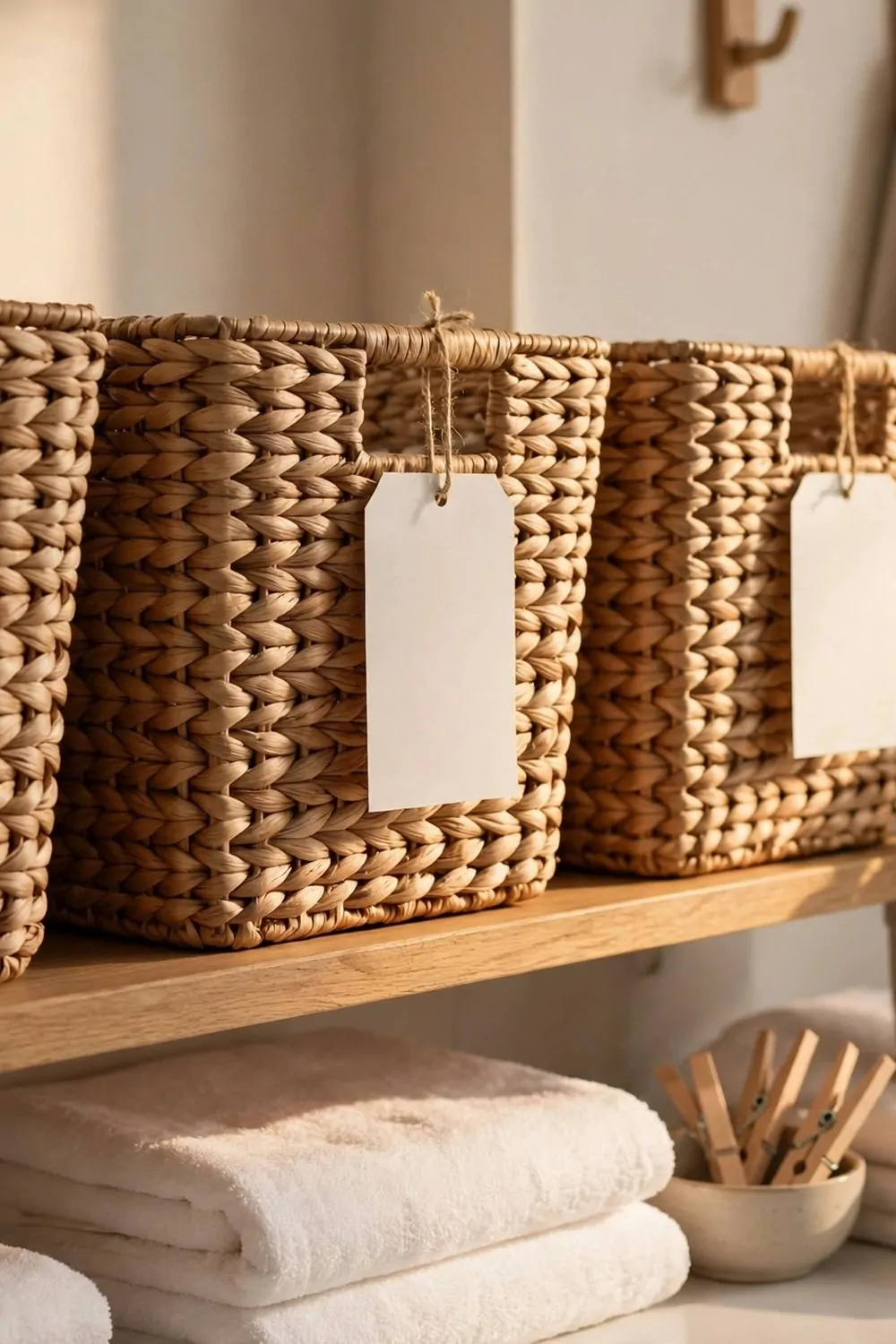 Blank paper labels on woven laundry baskets on a shelf, warm light, tidy laundry room