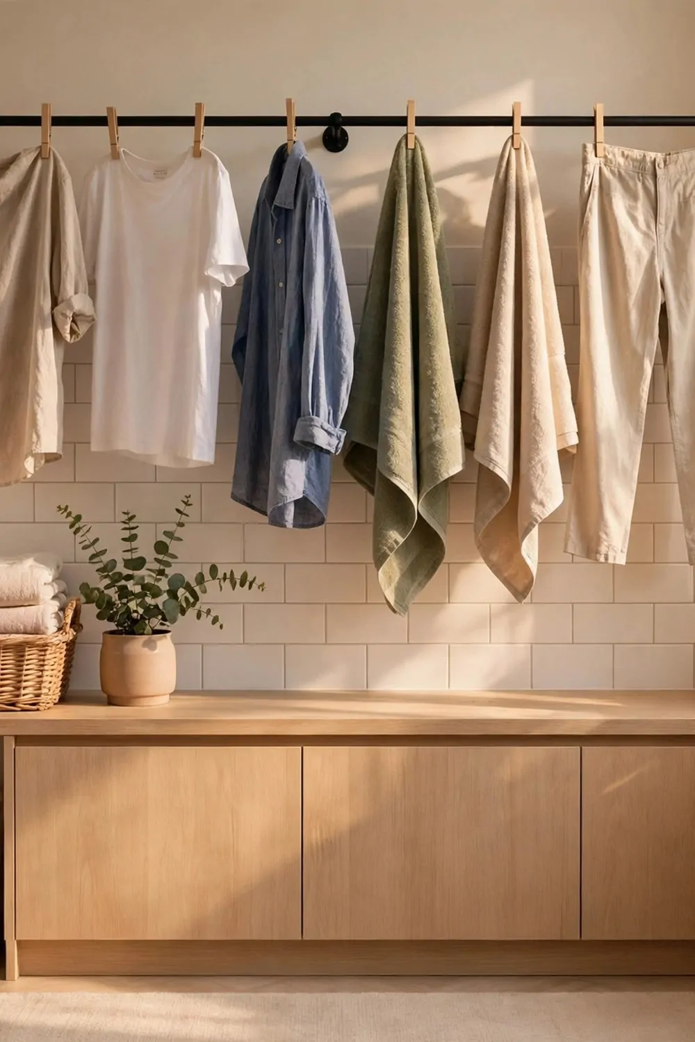 Clothes hanging on a rail to dry in a bright laundry room, warm light, calm and tidy