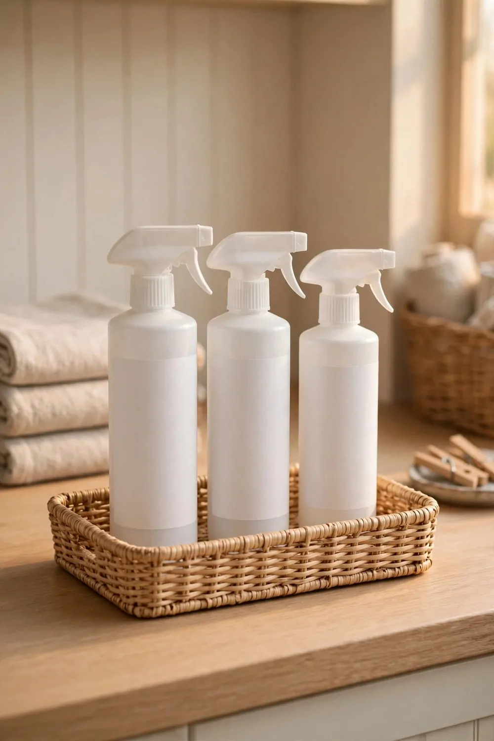 Stain remover bottles with blank labels in a small tray on a laundry room counter, warm light