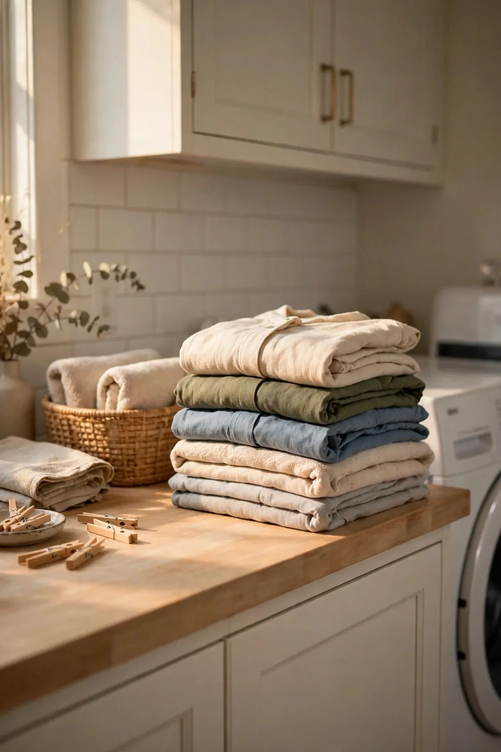 Folded clothes stacked neatly on a laundry room counter, warm light, tidy and calm