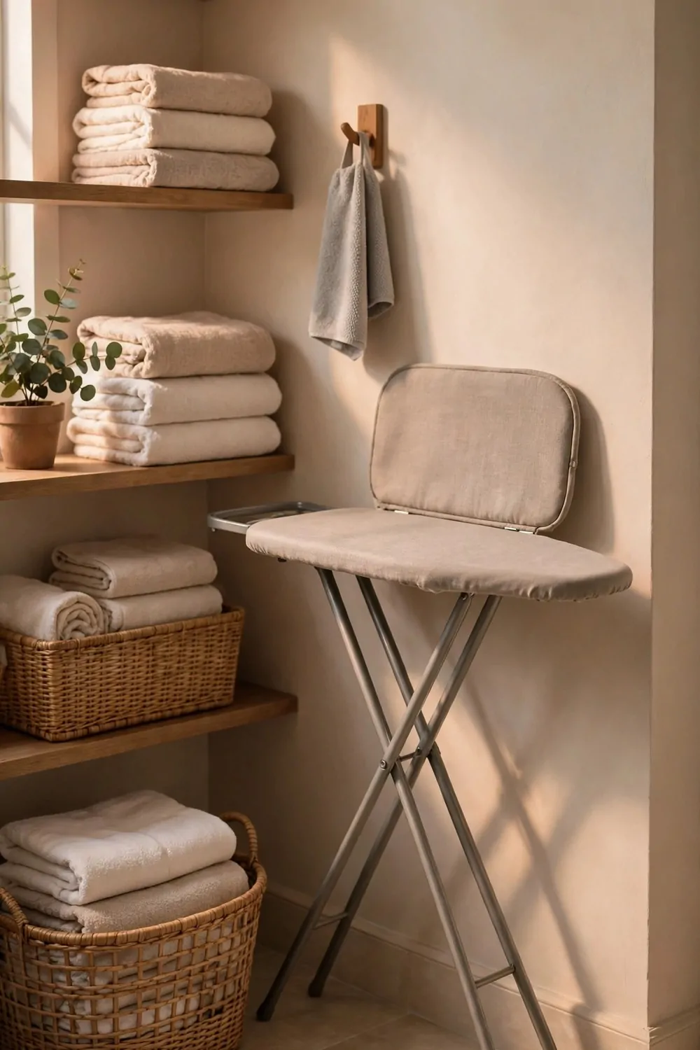 A small ironing board set up in a laundry room corner, warm light, tidy and calm