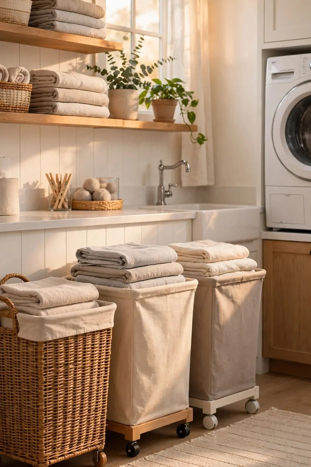 Laundry hampers on wheels in a bright laundry room, warm light, tidy and calm