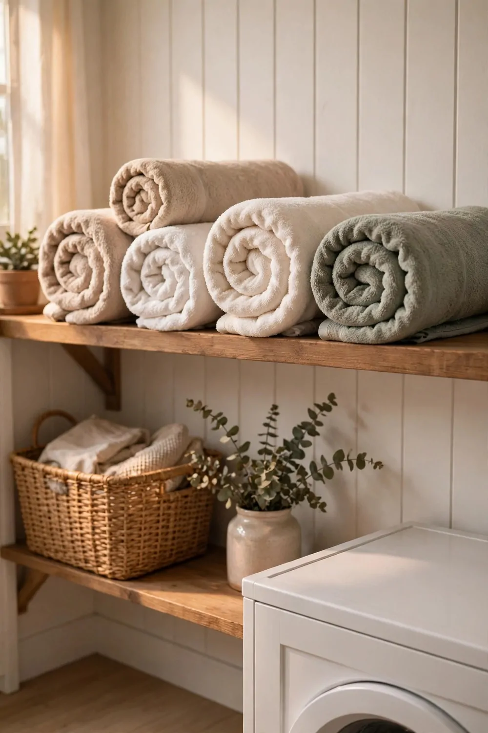 Rolled clean towels on a wooden shelf in a laundry room, warm light, tidy and calm