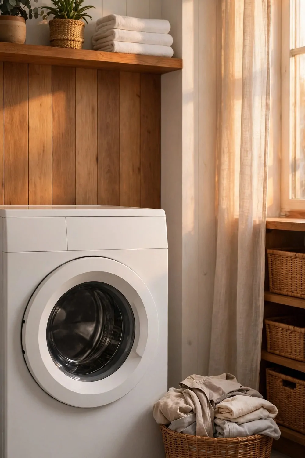 A washing machine with a small basket of laundry beside it, warm light, tidy laundry room