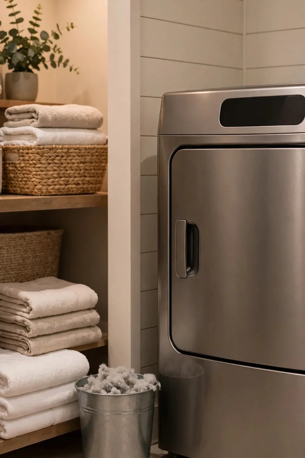 A small bin for lint beside a dryer in a laundry room, warm light, tidy and calm