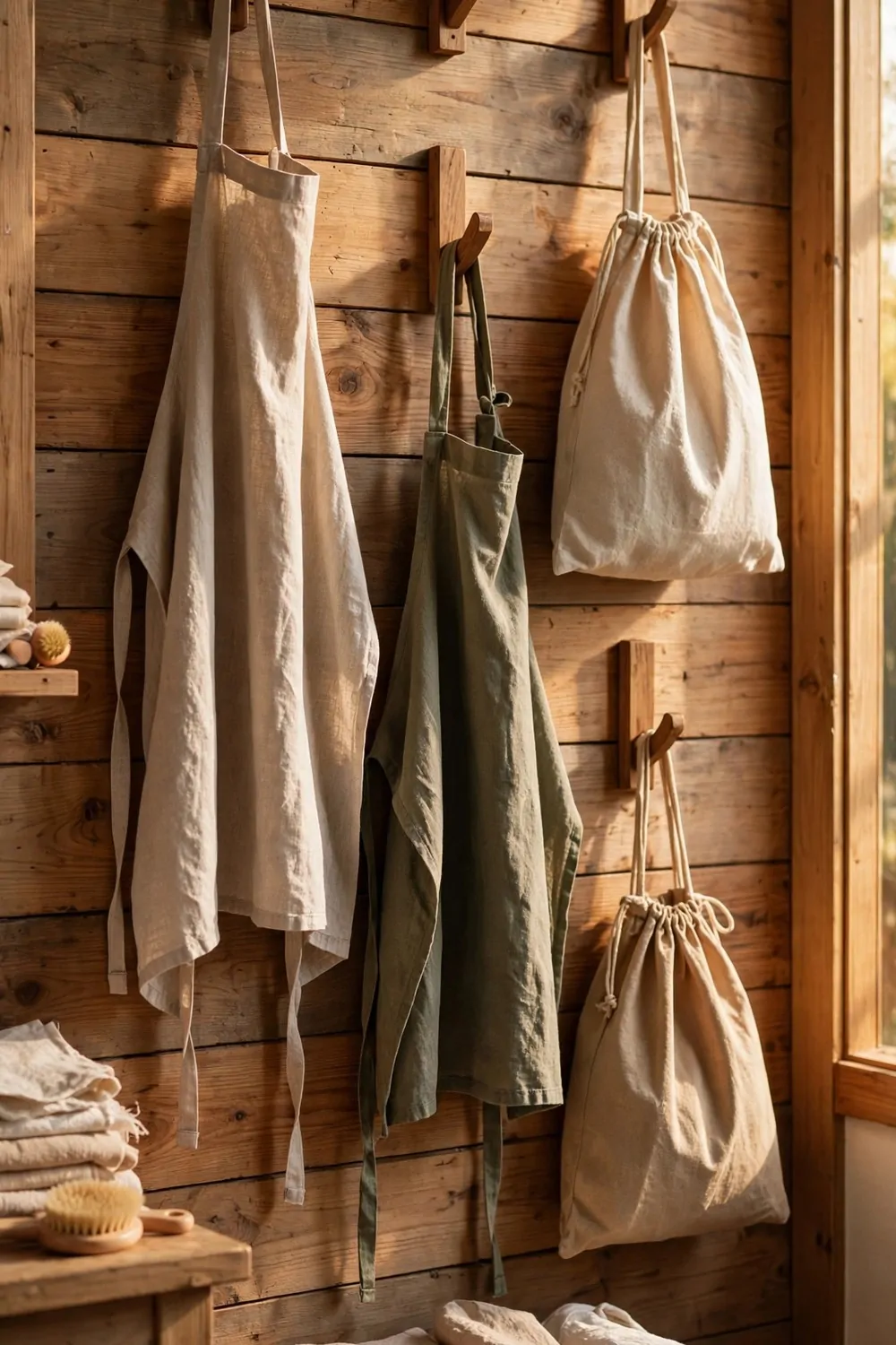 Wooden hooks on a laundry room wall holding aprons and cloth bags, warm light