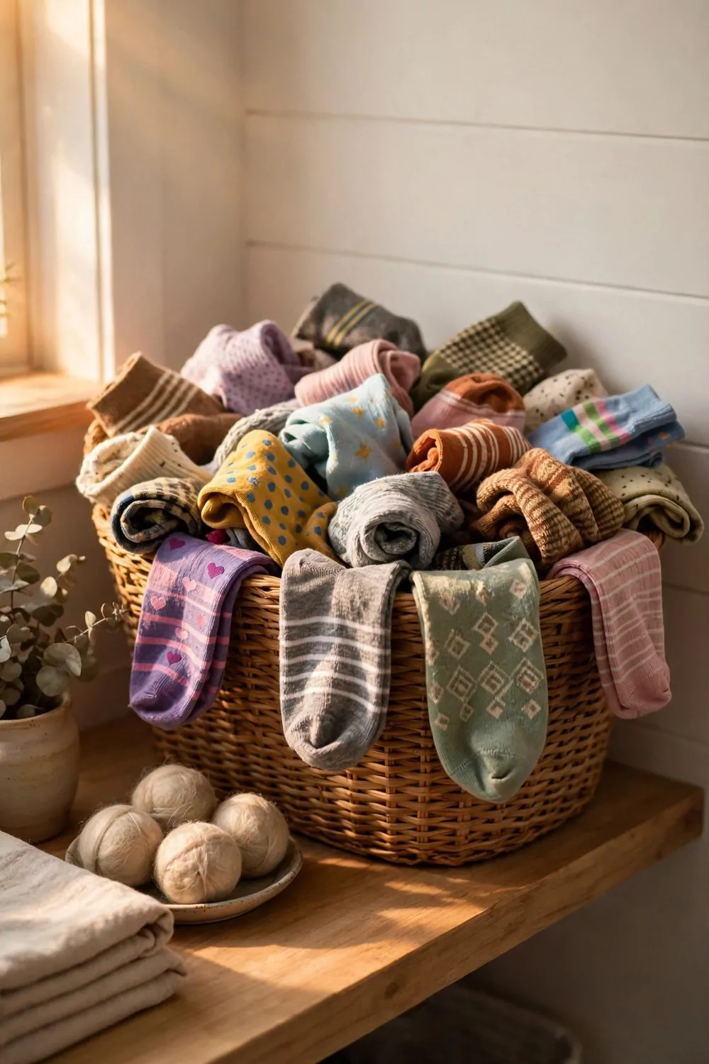 A basket of odd socks on a laundry room shelf, warm light, tidy and calm
