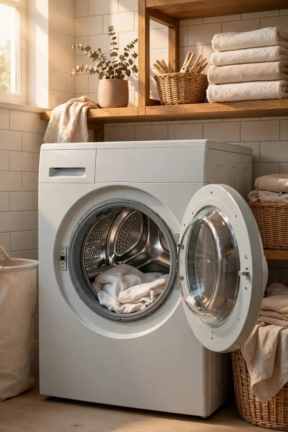 A washing machine drum open with a clean cloth inside, bright laundry room, warm light