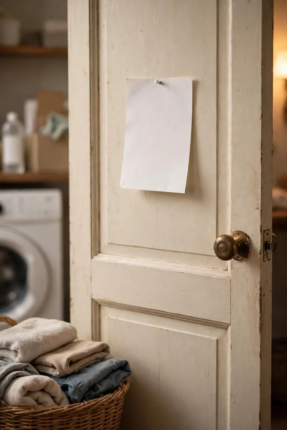A small shopping list on a blank paper note pinned to a laundry room door, warm light