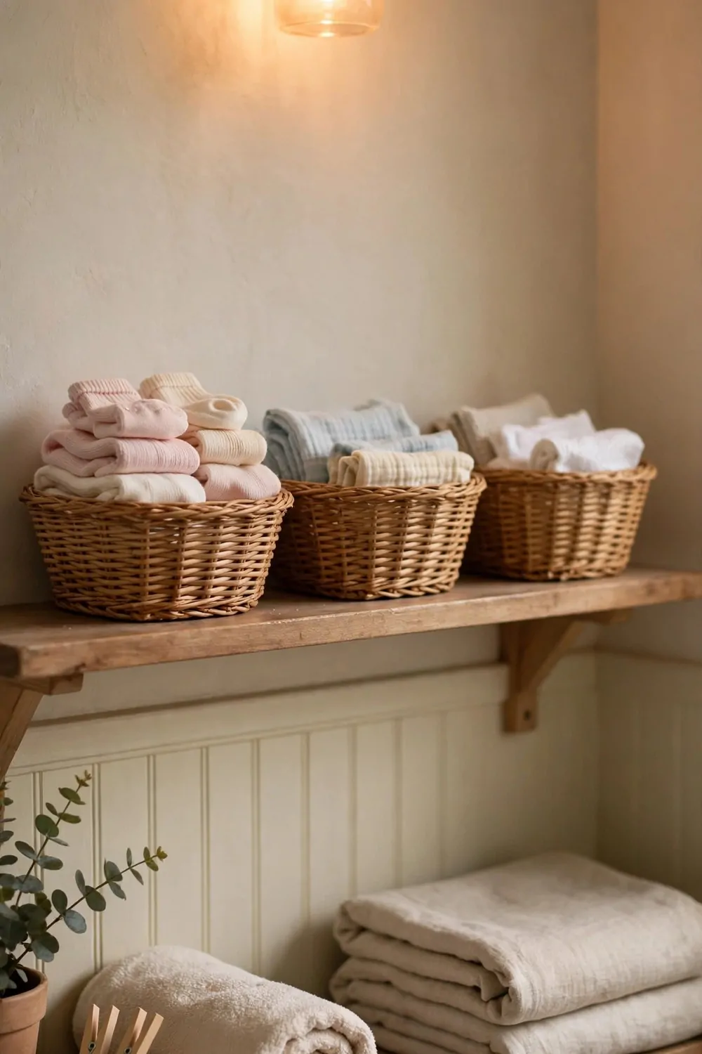 Small baskets for small laundry loads on a laundry room shelf, warm light, tidy and calm