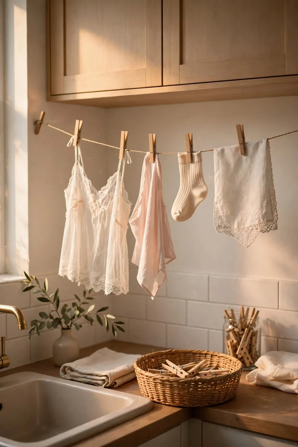 Delicate clothes hanging on a small line in a laundry room, warm light, calm and tidy