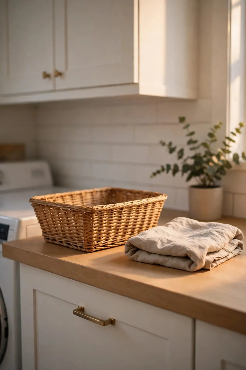 A clean laundry room counter after a quick tidy, empty basket and a cloth, warm light