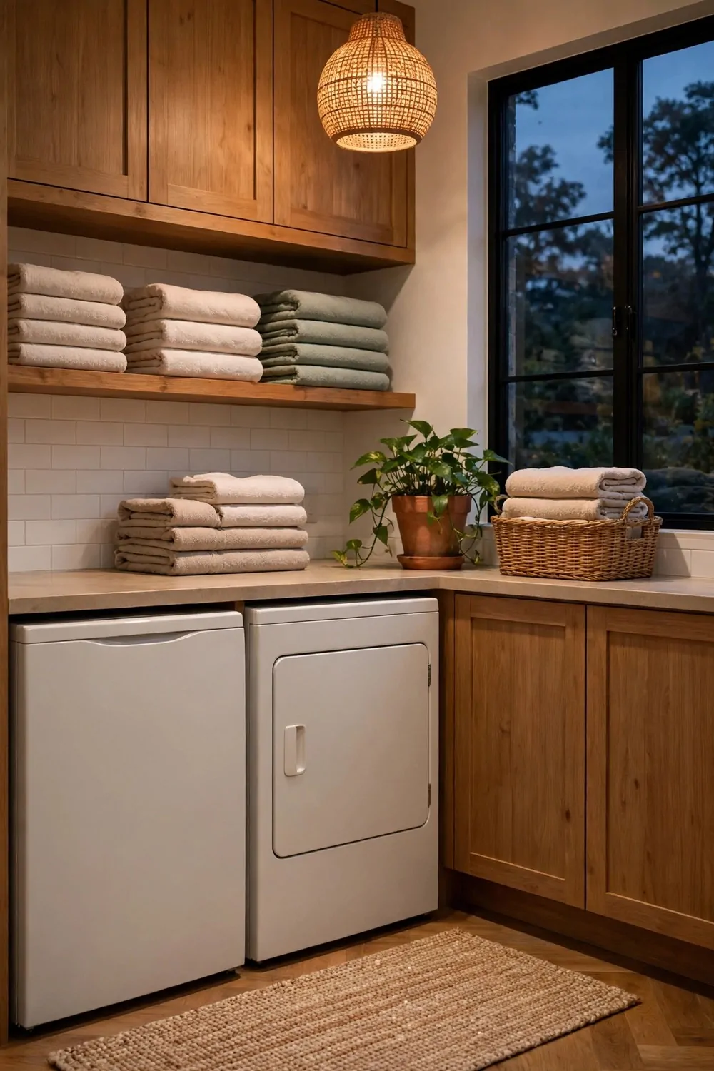 A laundry room at dusk with warm light, folded towels, a plant, calm and tidy
