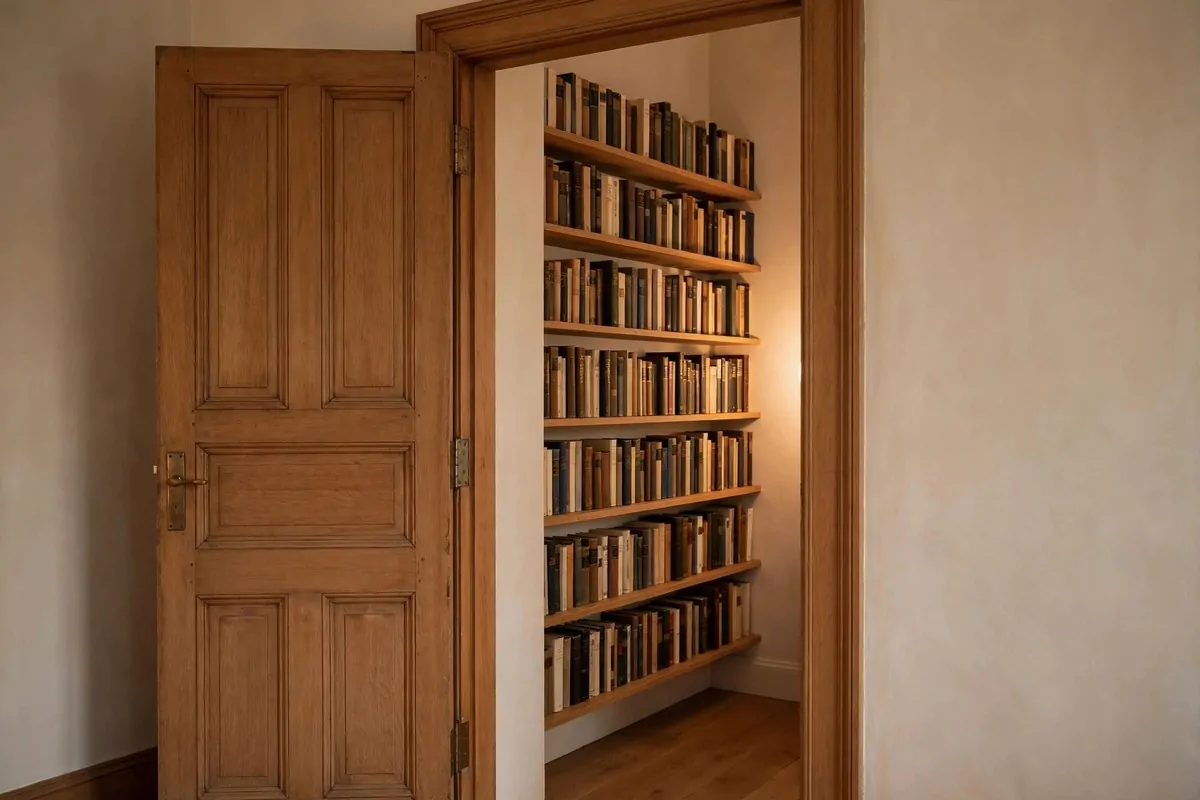 Slim bookshelves mounted on the wall behind an open wooden door