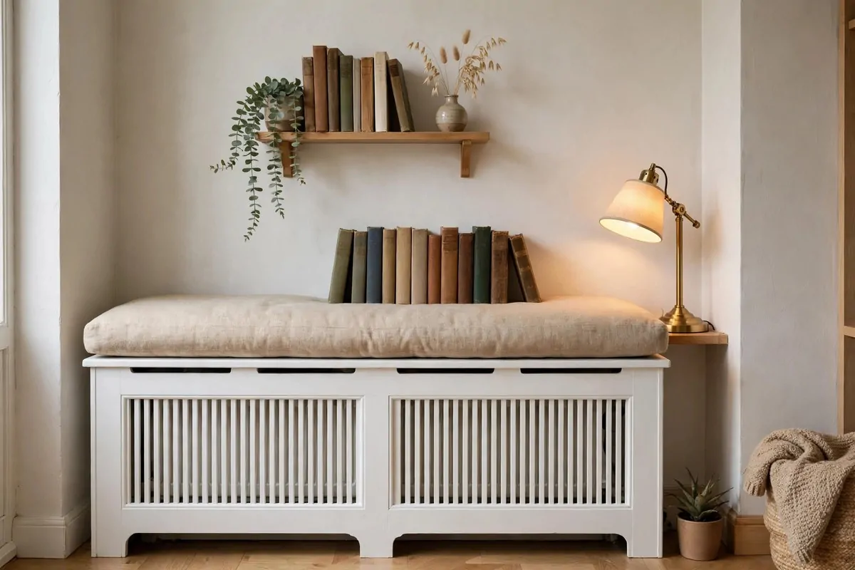 Books lined on a white radiator cover with a cushion seat and a shelf above