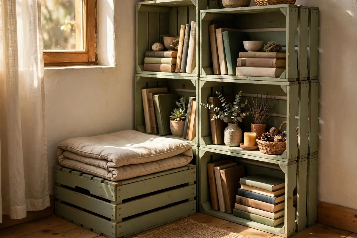 Sage green painted wooden crates stacked as a bookshelf with a seat cushion
