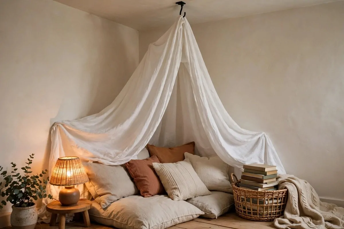 White fabric canopy draped over floor cushions with a basket of books
