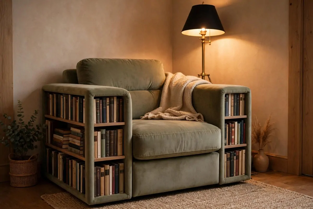 Armchair with built-in bookshelves in both armrests in a cozy corner