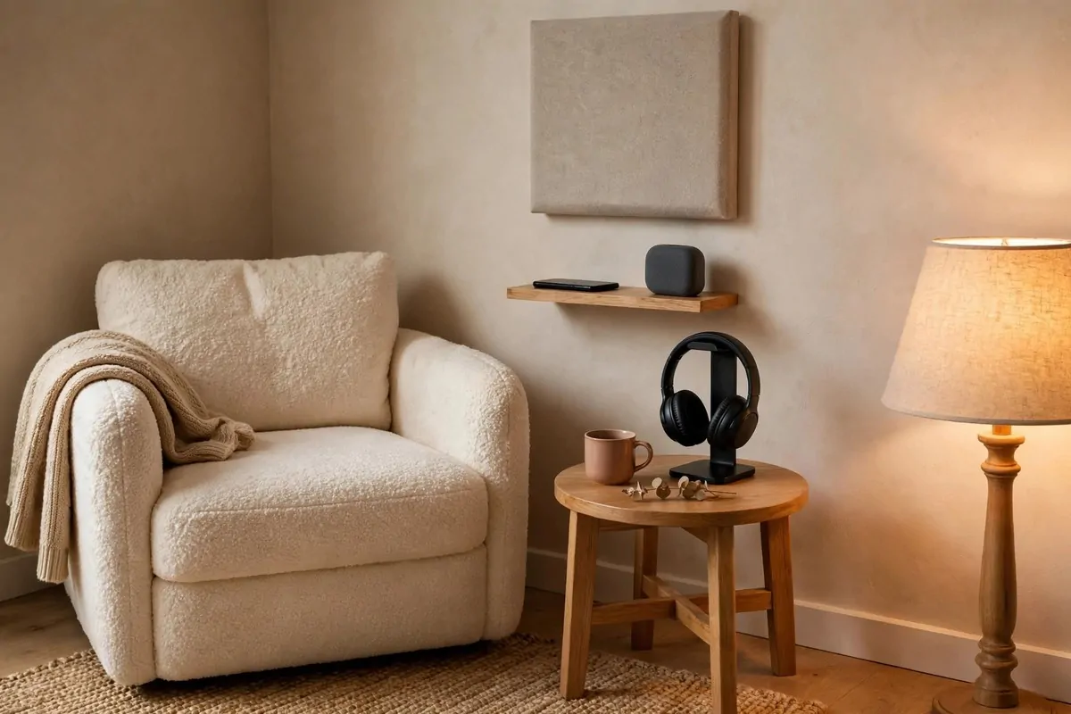 Audiobook corner with plush chair, headphones on a stand and acoustic wall panel